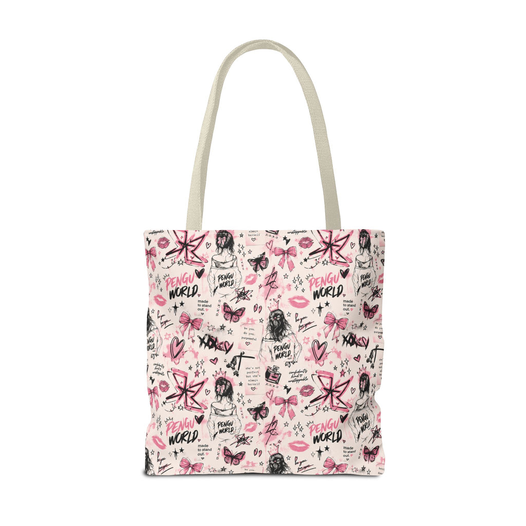 PENGU Pink Tote Bag — Feminine Doodle Print All-Over-Print Tote
