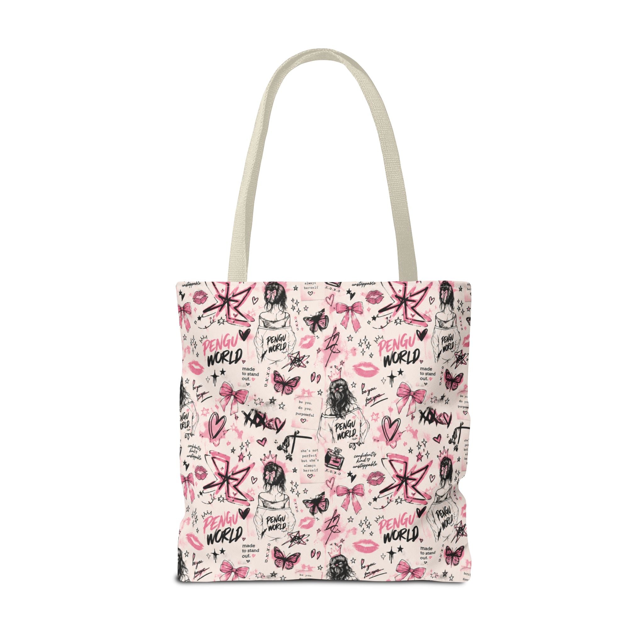 PENGU Pink Tote Bag — Feminine Doodle Print All-Over-Print Tote