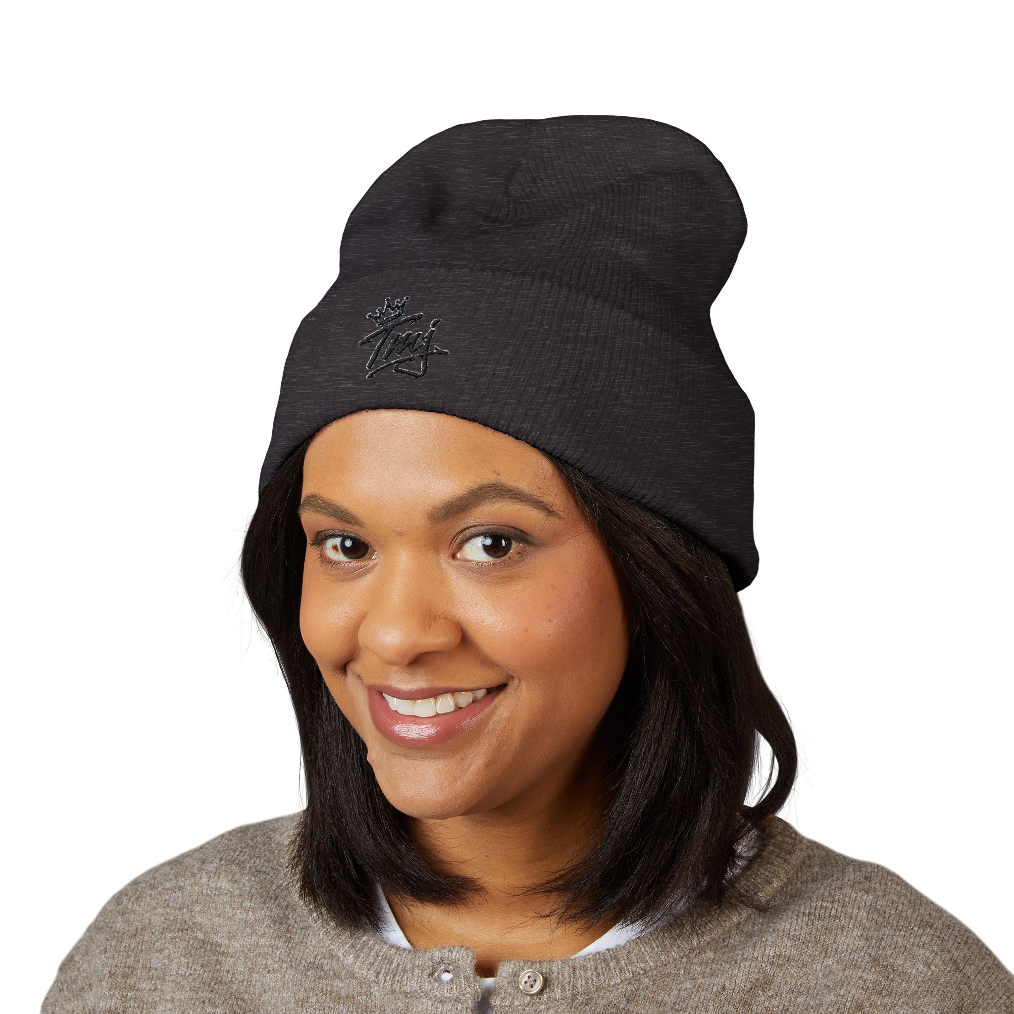 Embroidered TMJ Crown Beanie — Classic Cuffed Knit Hat