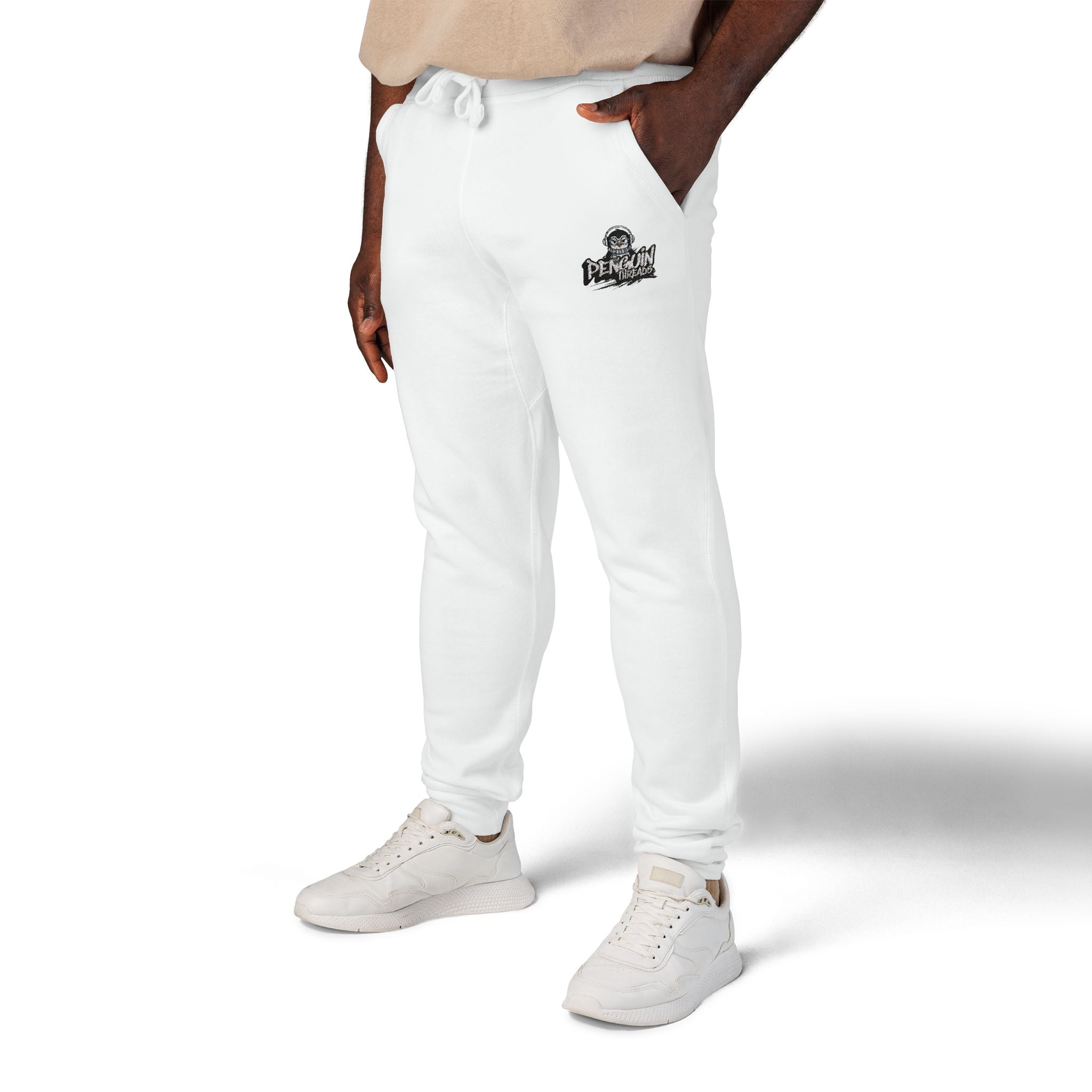 PENGU Embroidered Cloud Crew Sweatpants — Cozy White Fleece Joggers