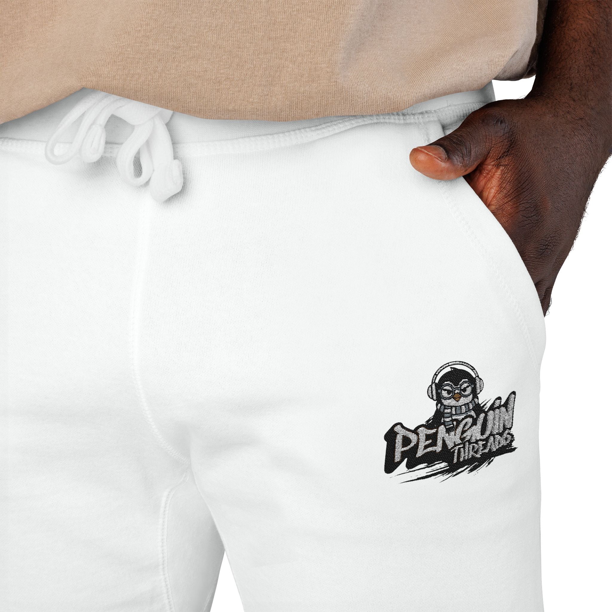 PENGU Embroidered Cloud Crew Sweatpants — Cozy White Fleece Joggers