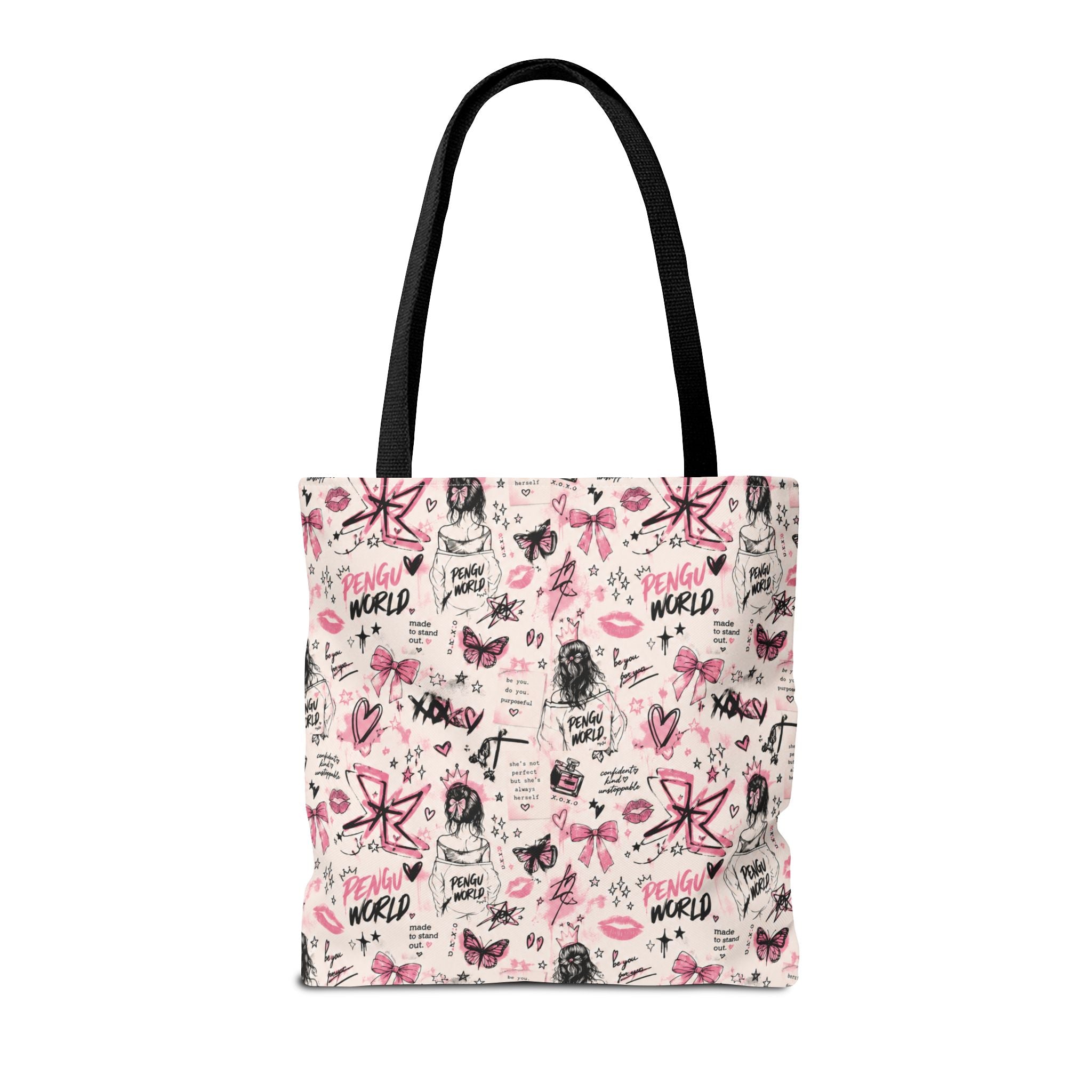 PENGU Pink Tote Bag — Feminine Doodle Print All-Over-Print Tote