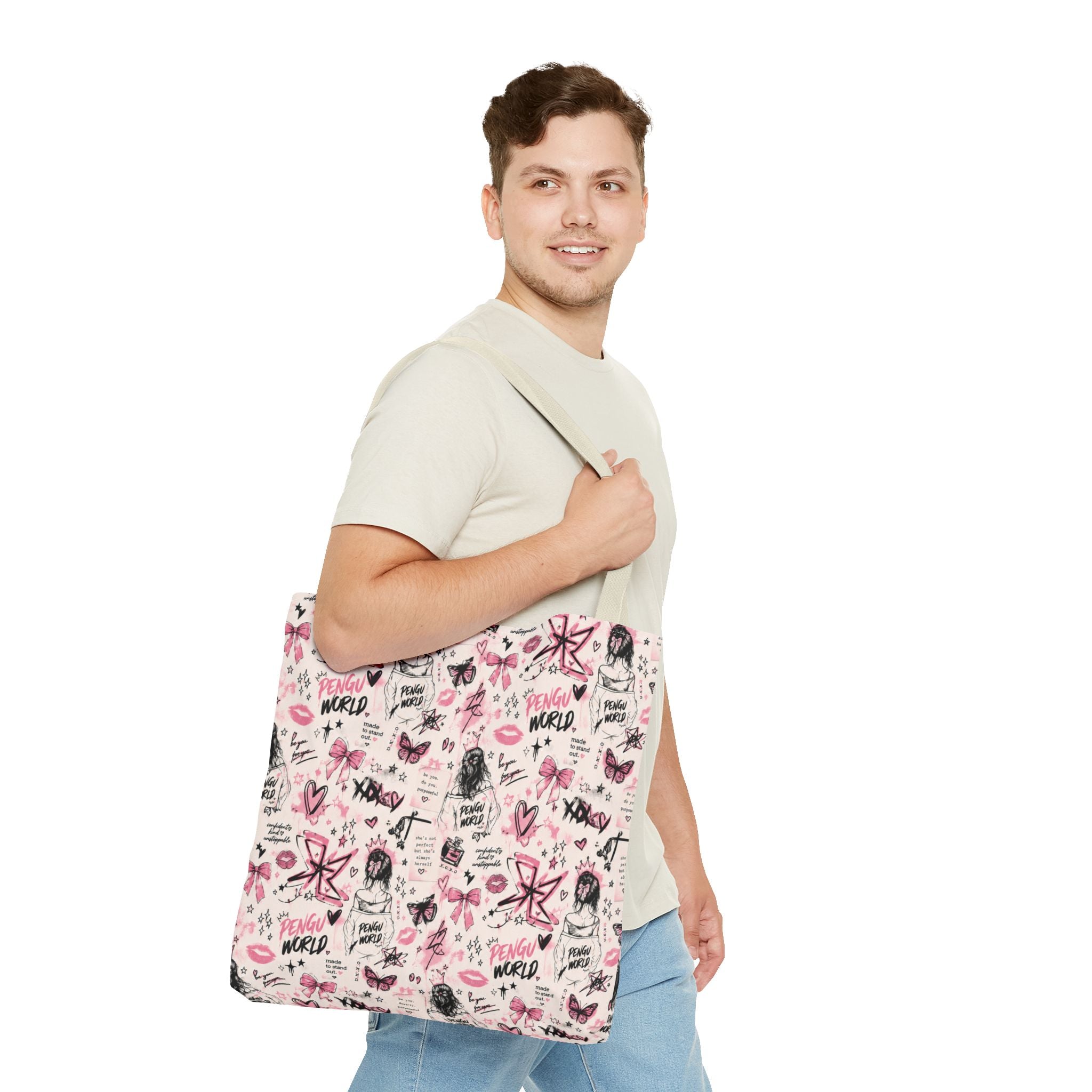 PENGU Pink Tote Bag — Feminine Doodle Print All-Over-Print Tote