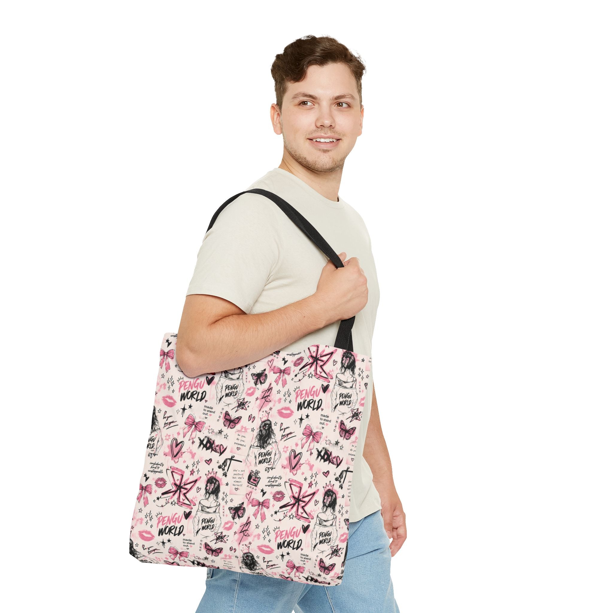PENGU Pink Tote Bag — Feminine Doodle Print All-Over-Print Tote