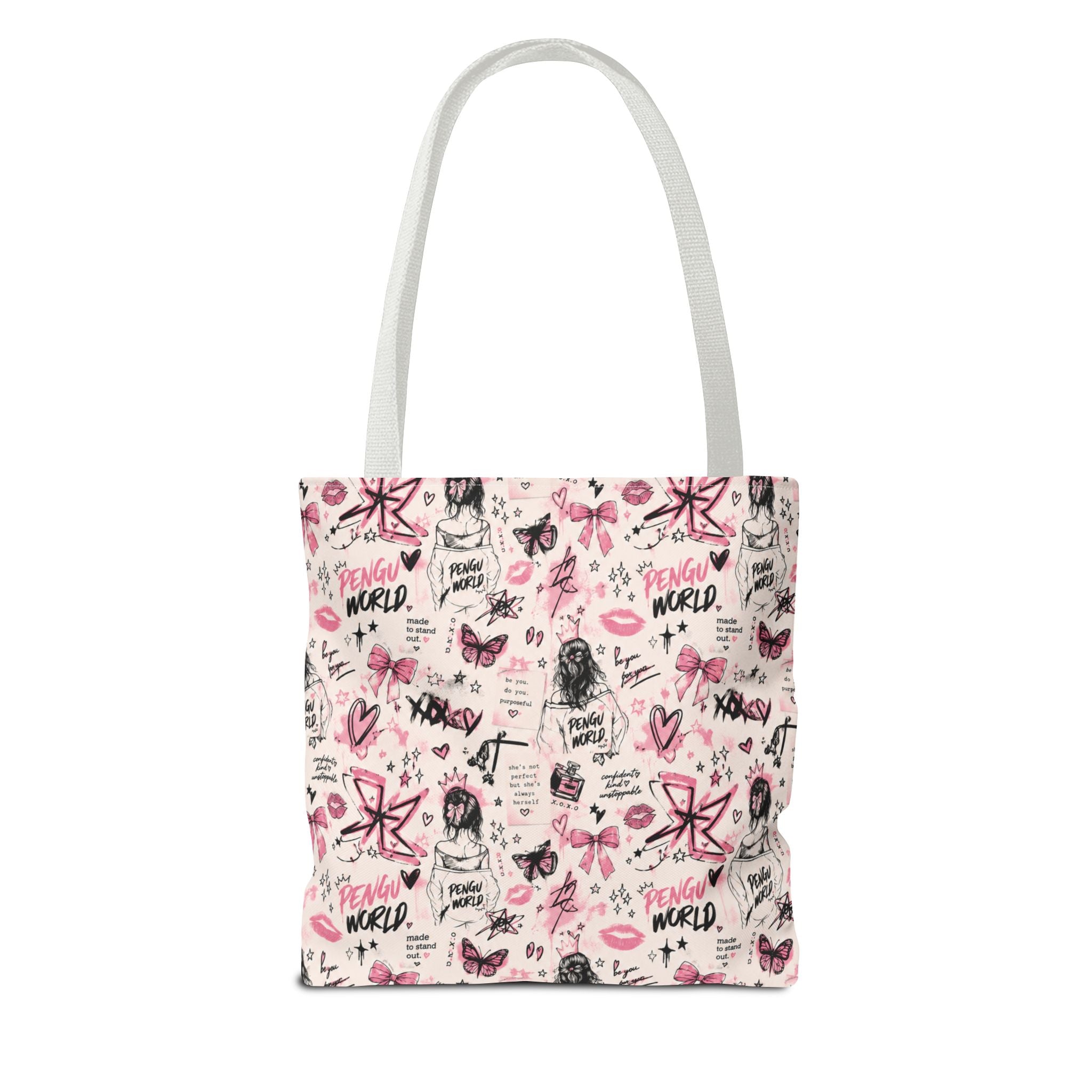 PENGU Pink Tote Bag — Feminine Doodle Print All-Over-Print Tote