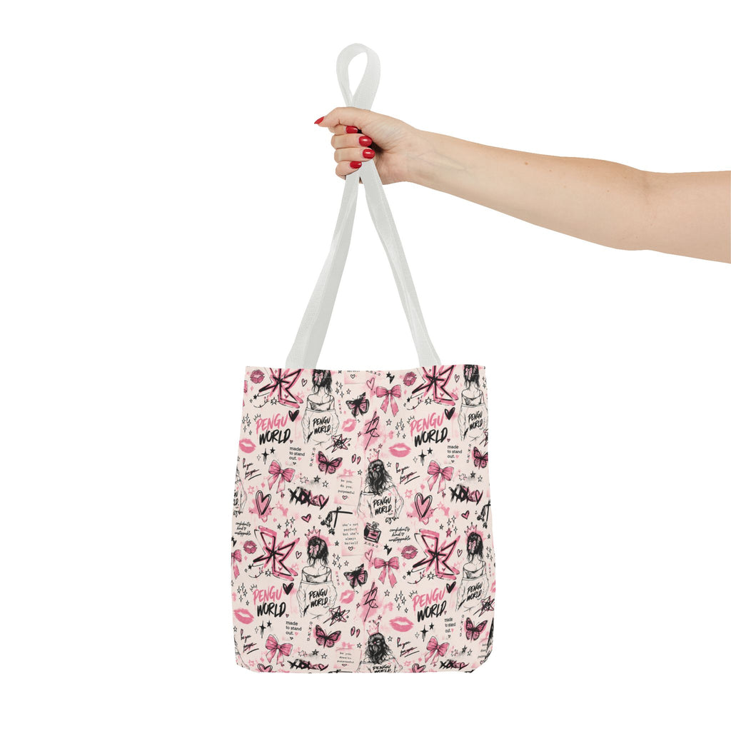 PENGU Pink Tote Bag — Feminine Doodle Print All-Over-Print Tote