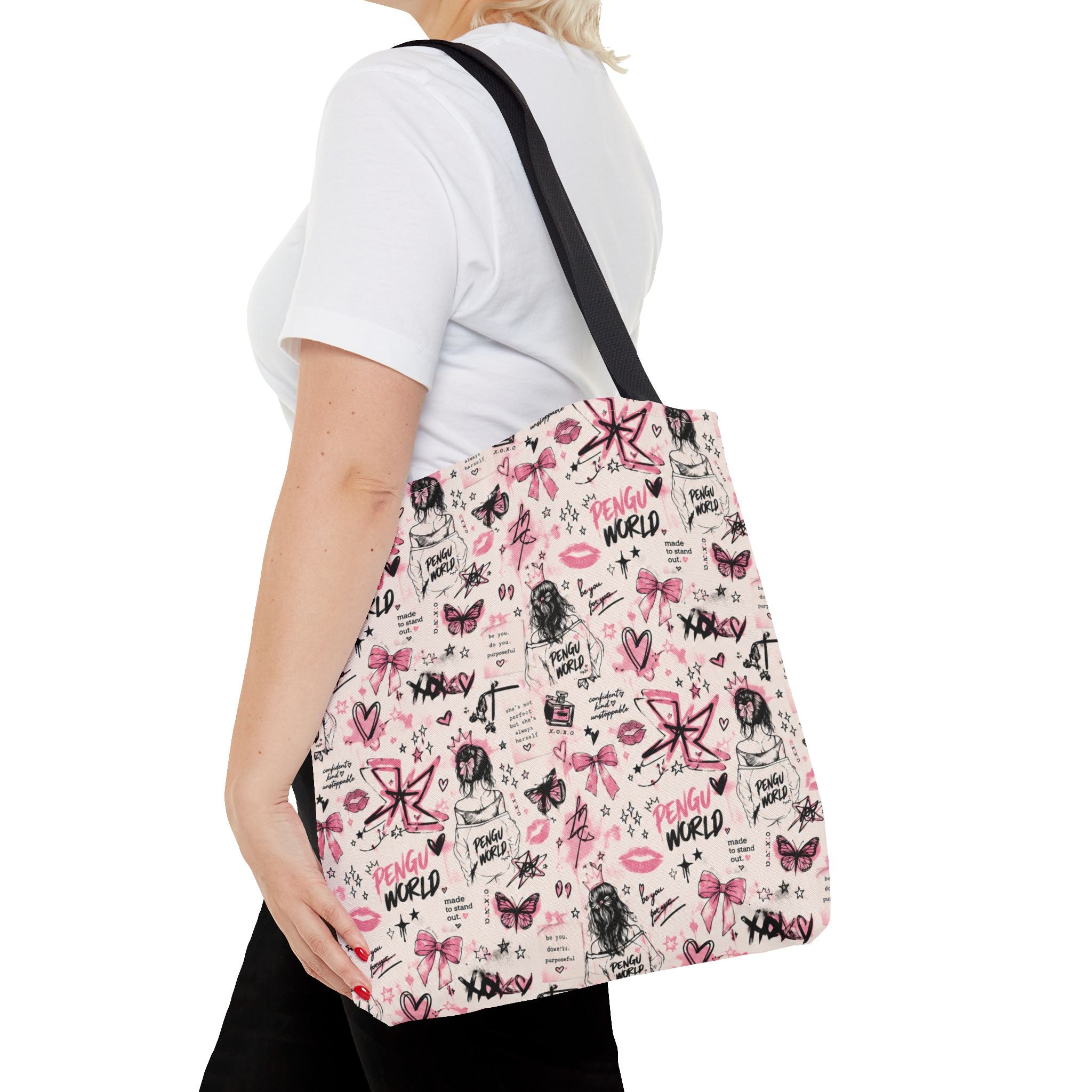 PENGU Pink Tote Bag — Feminine Doodle Print All-Over-Print Tote