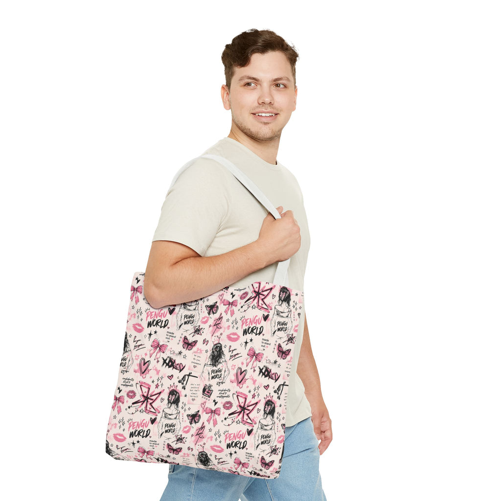PENGU Pink Tote Bag — Feminine Doodle Print All-Over-Print Tote