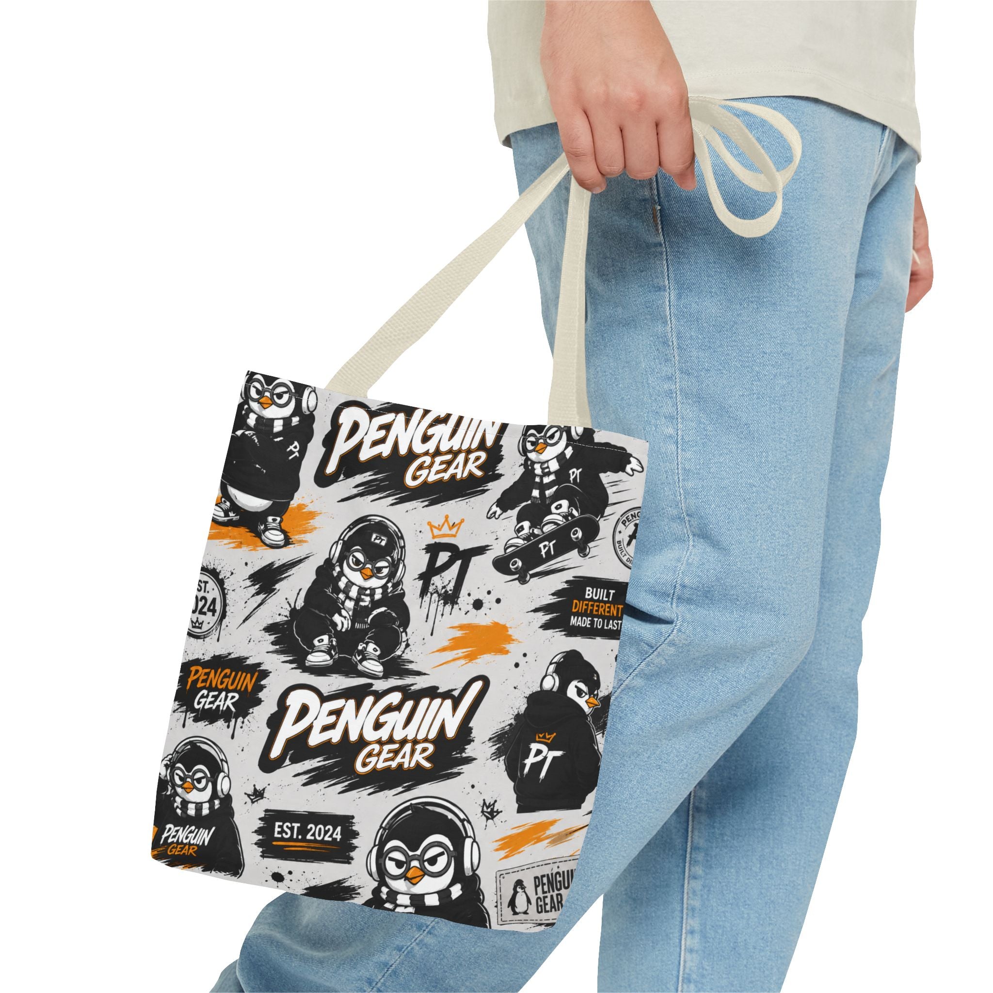 PENGU Penguin Gear Graphic Tote Bag — All-Over-Print Streetwear Tote