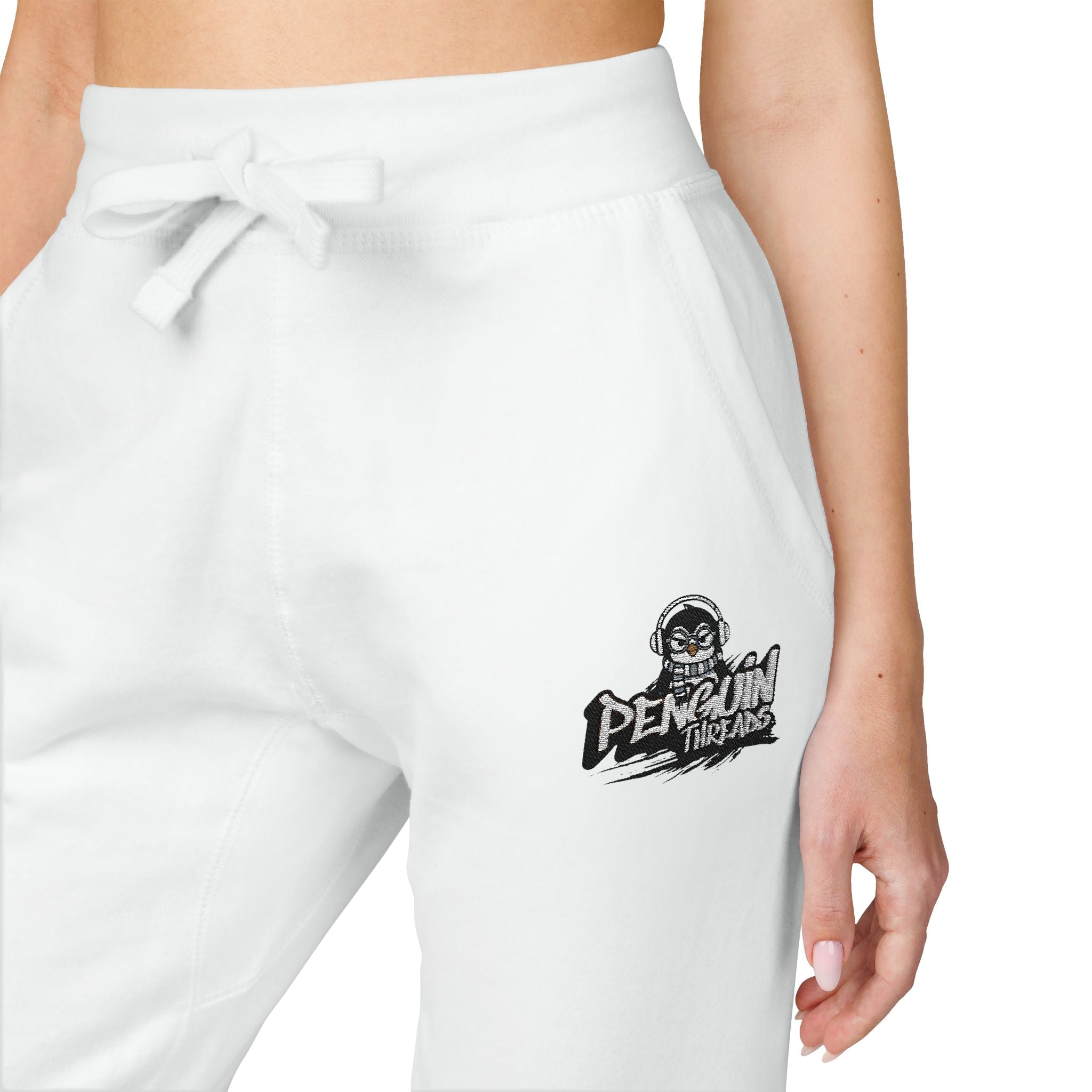 PENGU Embroidered Cloud Crew Sweatpants — Cozy White Fleece Joggers