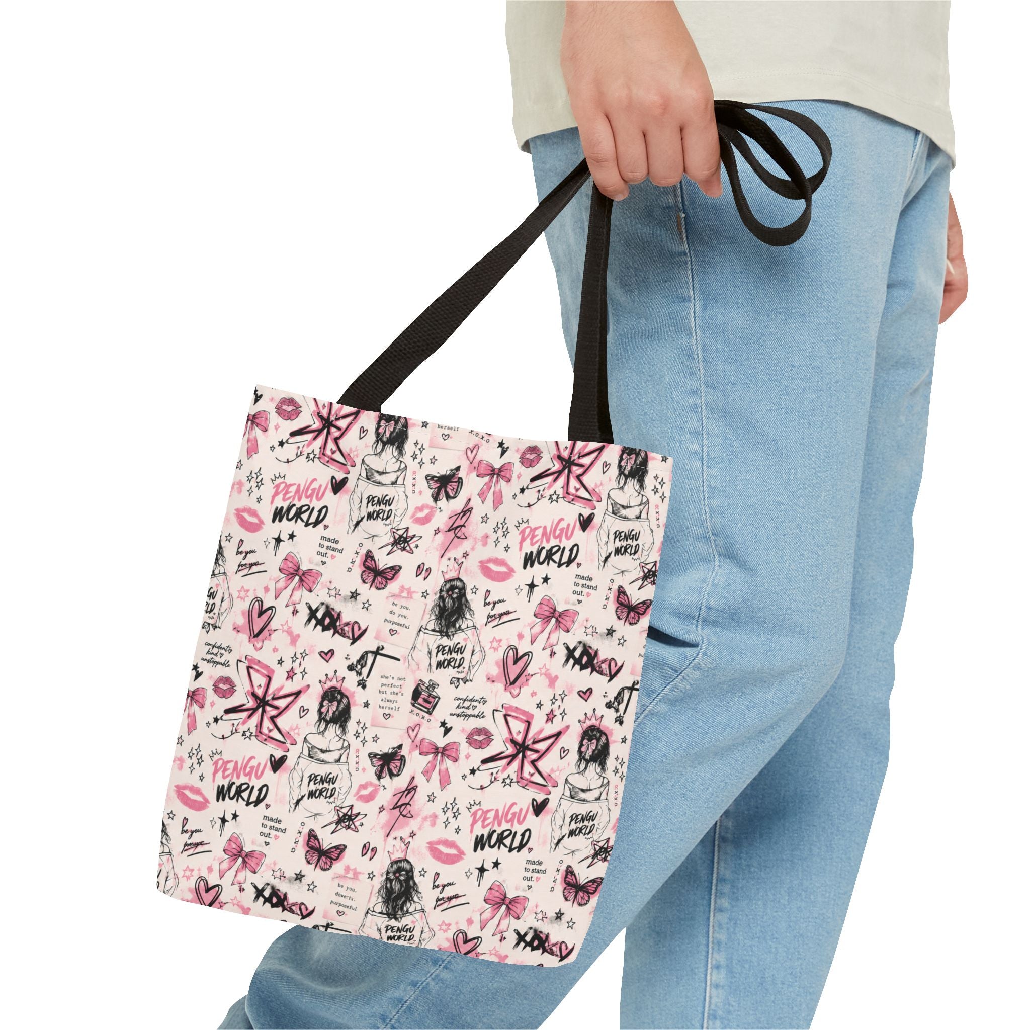 PENGU Pink Tote Bag — Feminine Doodle Print All-Over-Print Tote