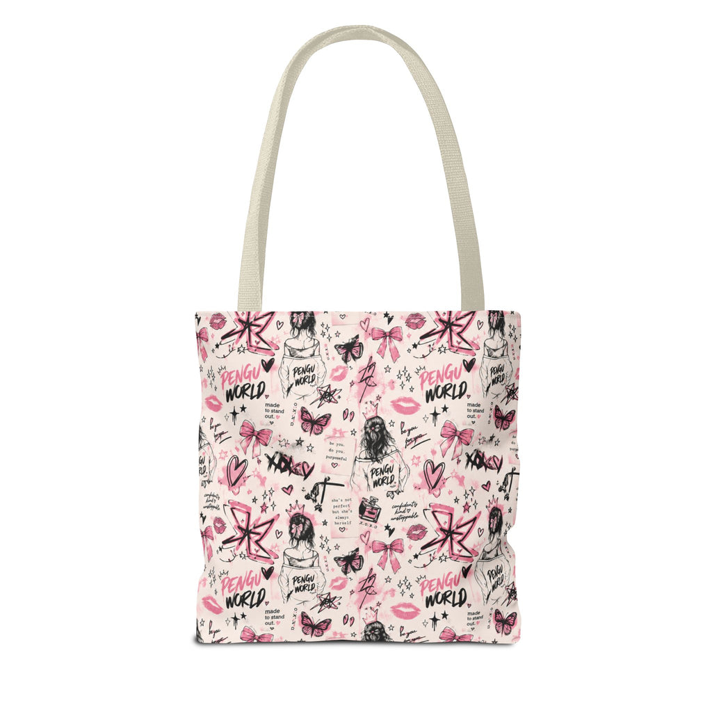 PENGU Pink Tote Bag — Feminine Doodle Print All-Over-Print Tote