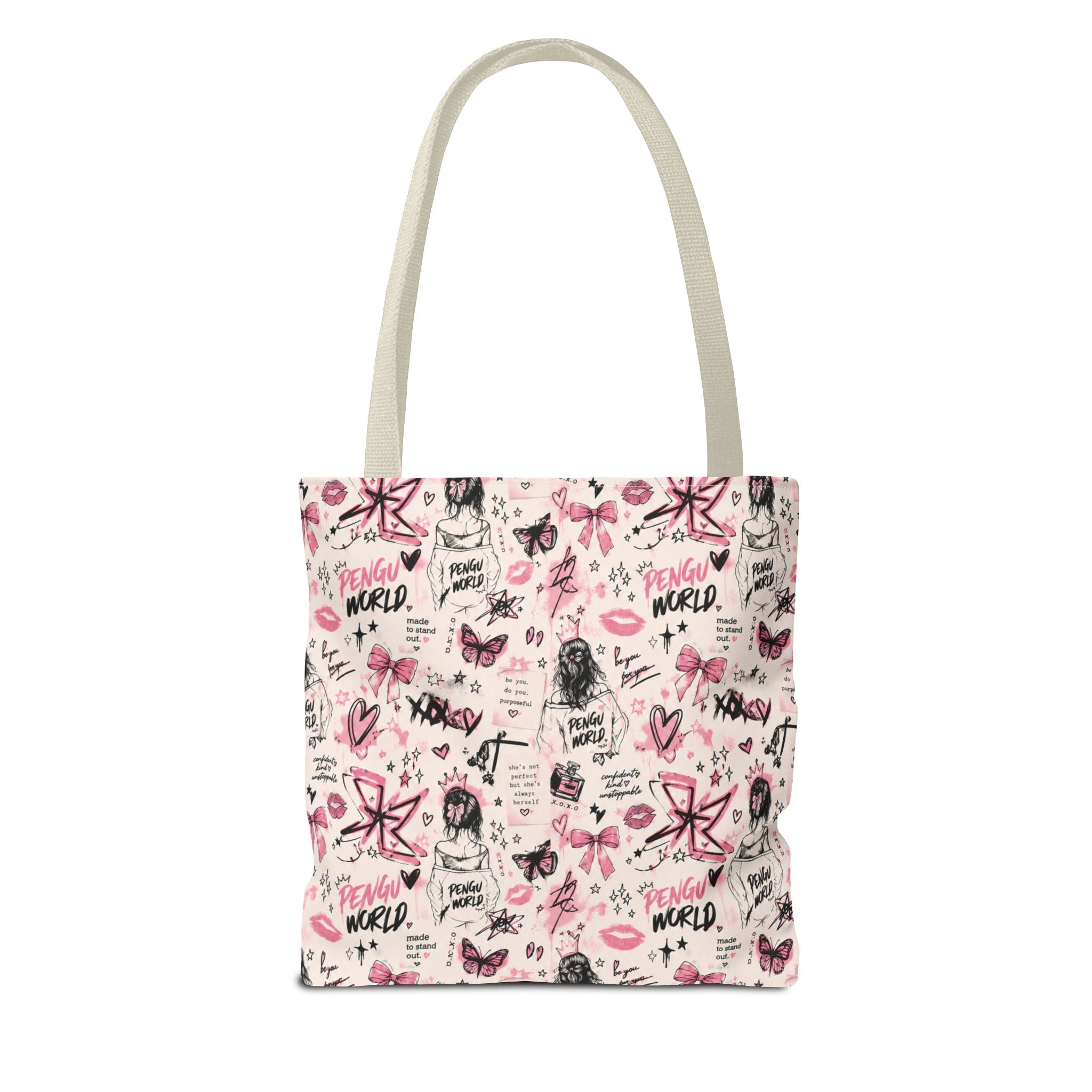 PENGU Pink Tote Bag — Feminine Doodle Print All-Over-Print Tote