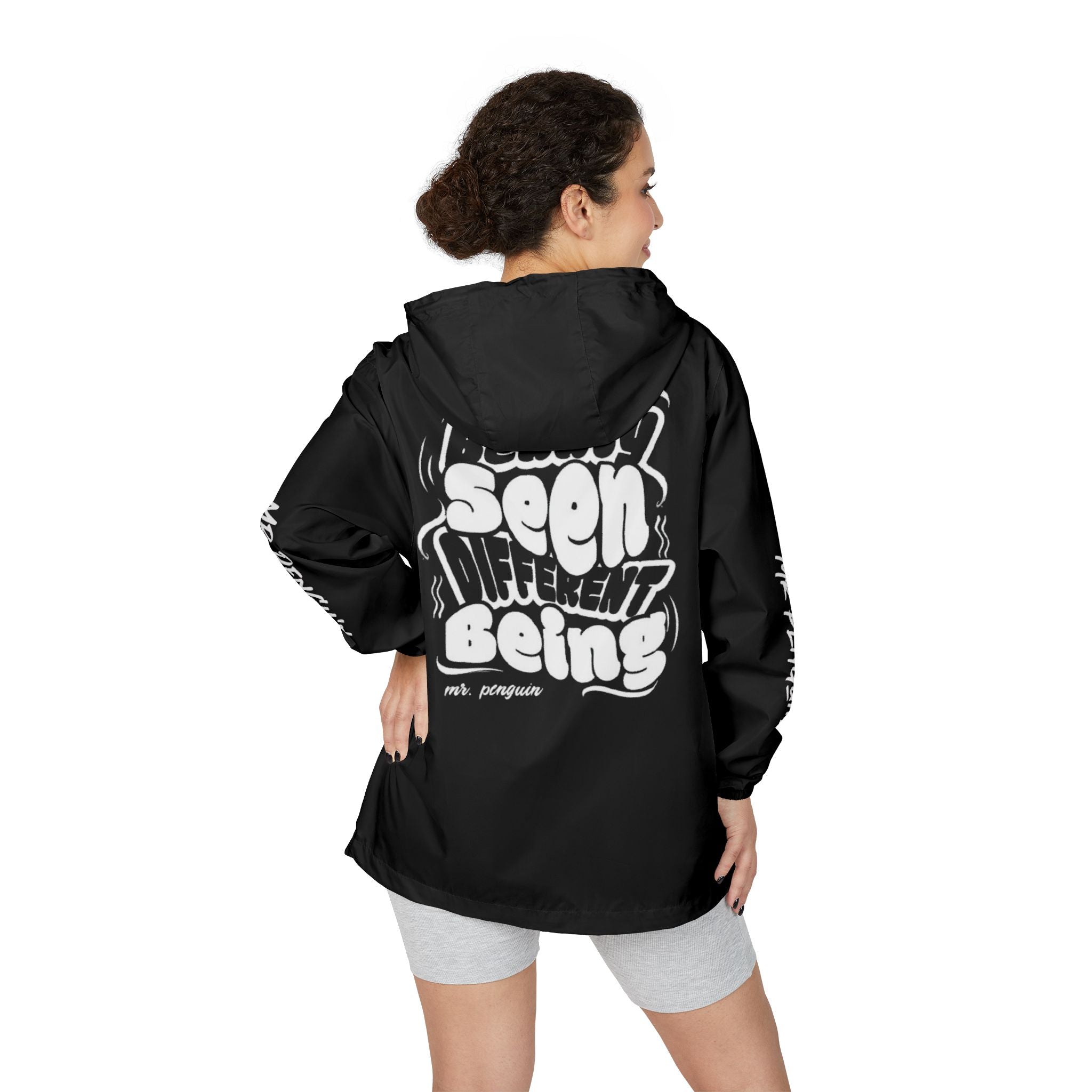PENGU Windbreaker Jacket — 'Beauty Seen Different Being' Graphic Hooded Windbreaker