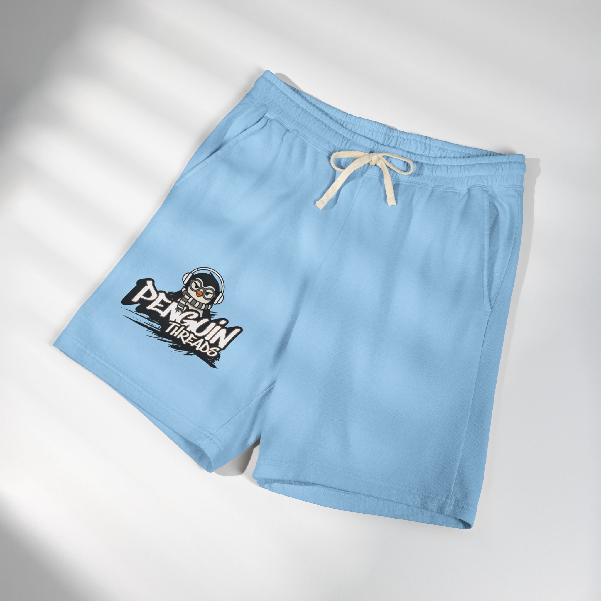 PENGU Penguin Threads Fleece Sweat Shorts – Casual Garment-Dyed Lounge Shorts with Logo