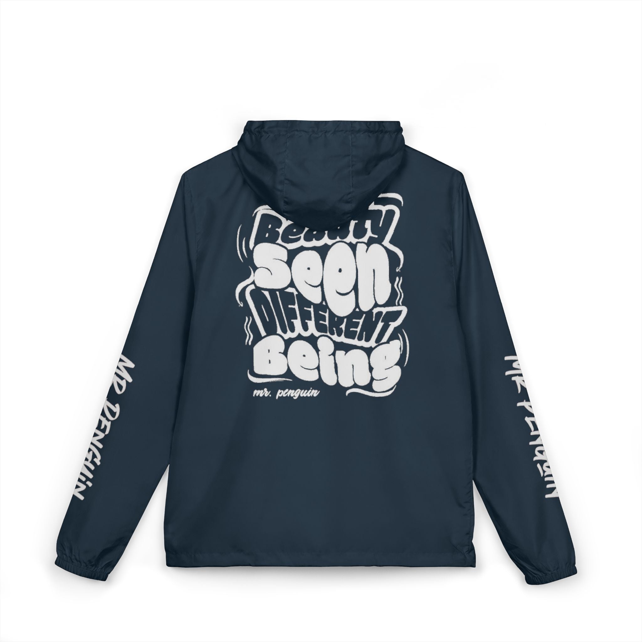 PENGU Windbreaker Jacket — 'Beauty Seen Different Being' Graphic Hooded Windbreaker