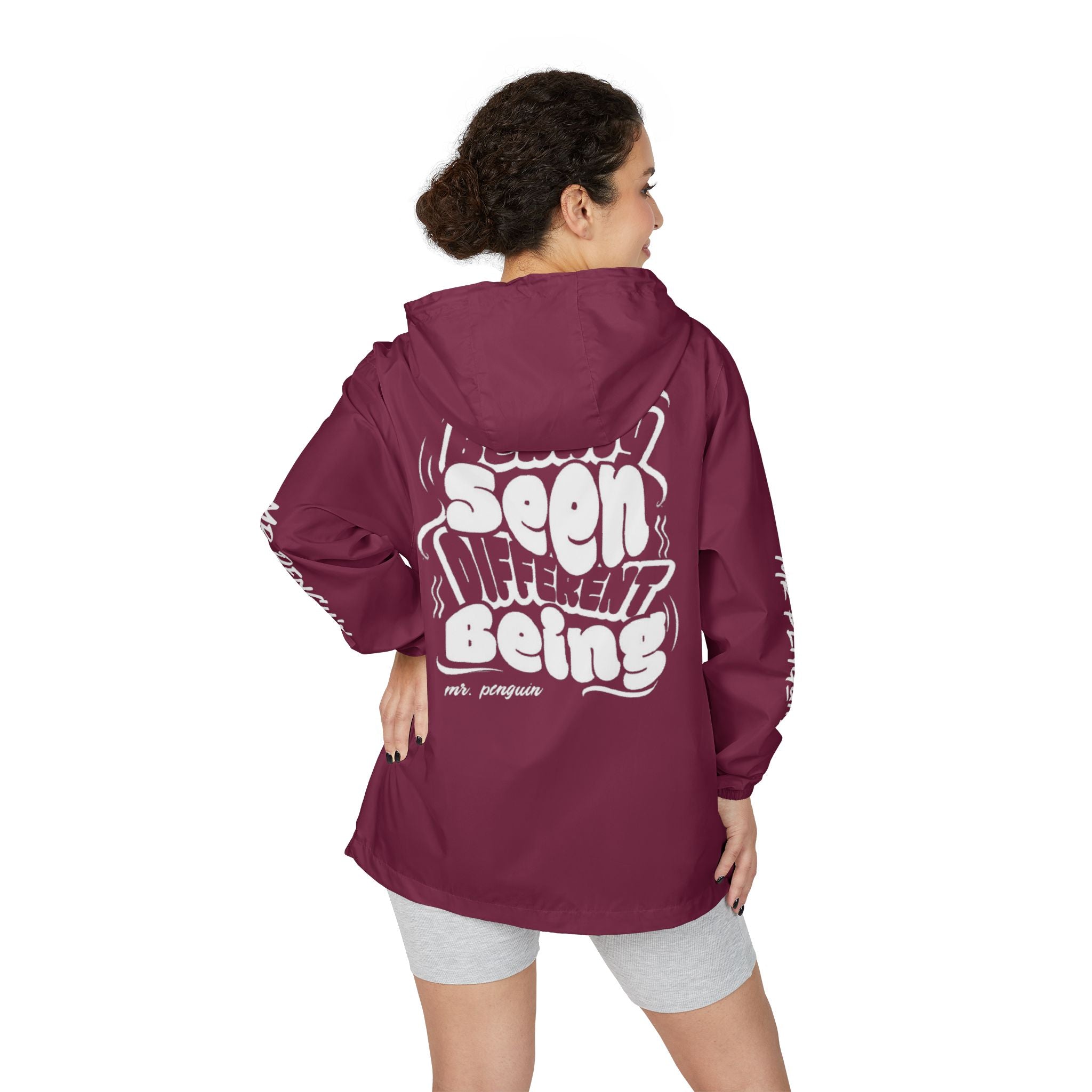 PENGU Windbreaker Jacket — 'Beauty Seen Different Being' Graphic Hooded Windbreaker
