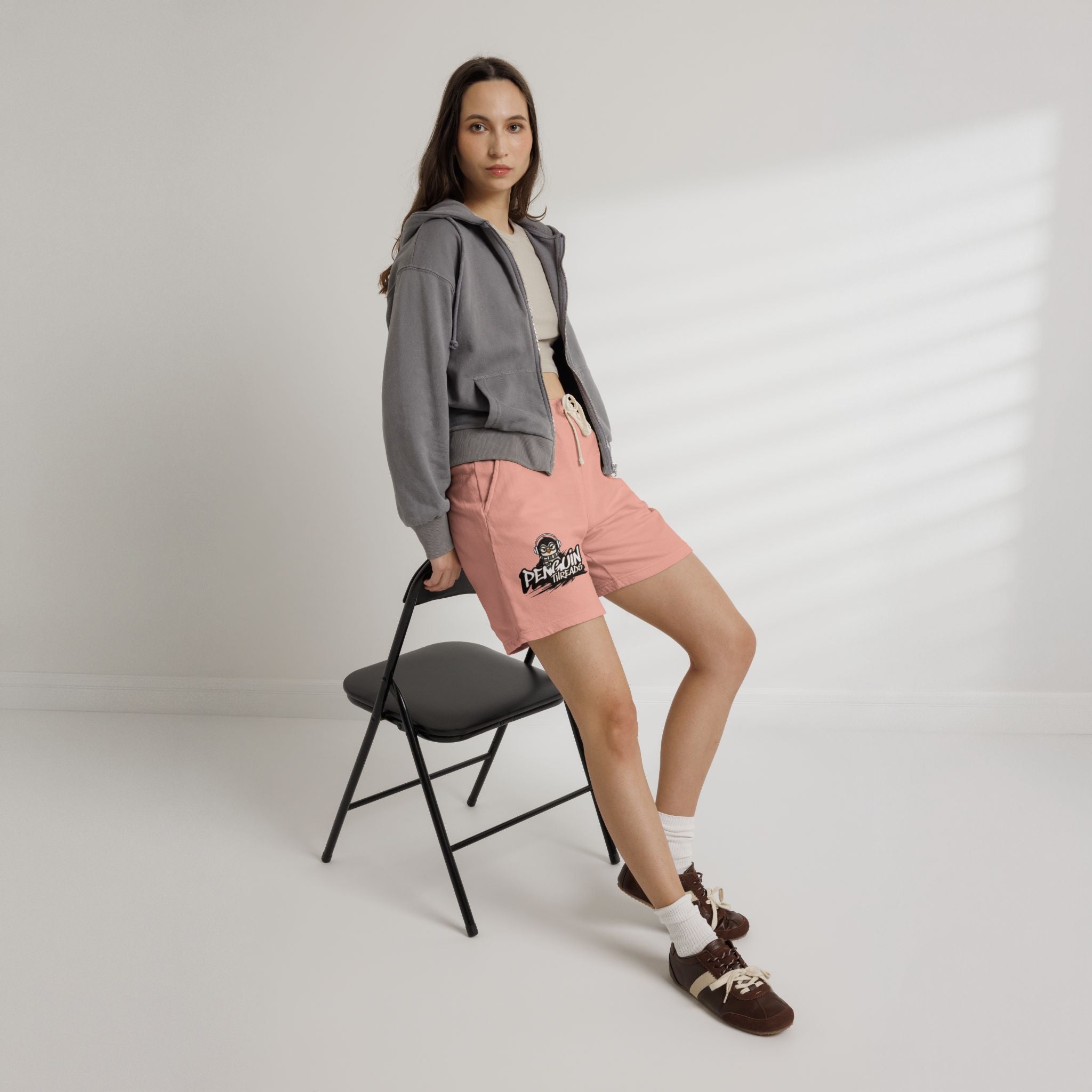 PENGU Penguin Threads Fleece Sweat Shorts – Casual Garment-Dyed Lounge Shorts with Logo