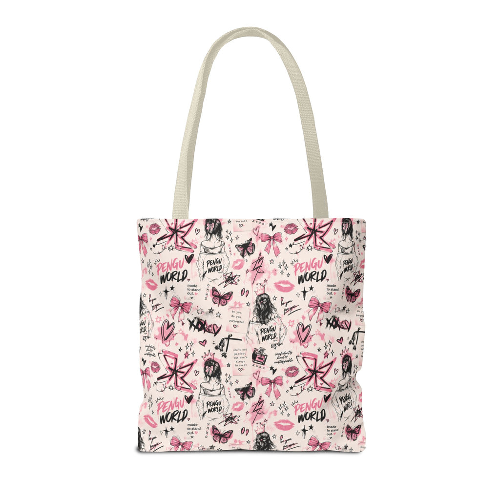 PENGU Pink Tote Bag — Feminine Doodle Print All-Over-Print Tote