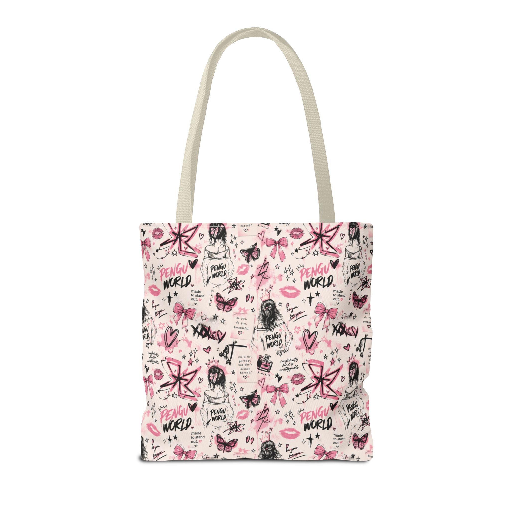 PENGU Pink Tote Bag — Feminine Doodle Print All-Over-Print Tote