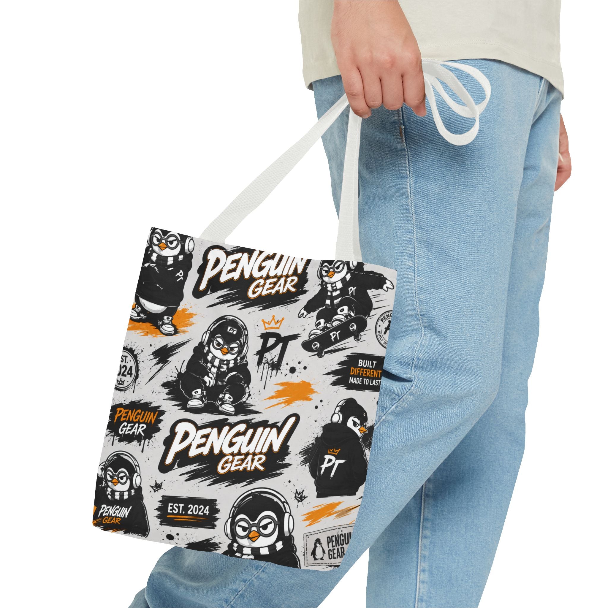 PENGU Penguin Gear Graphic Tote Bag — All-Over-Print Streetwear Tote