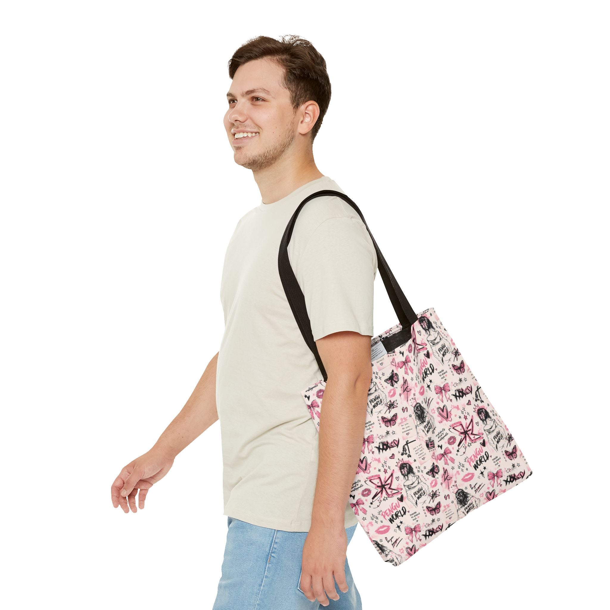 PENGU Pink Tote Bag — Feminine Doodle Print All-Over-Print Tote