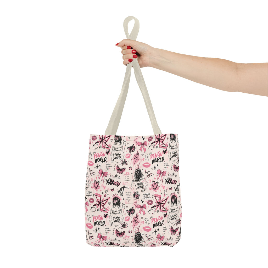 PENGU Pink Tote Bag — Feminine Doodle Print All-Over-Print Tote