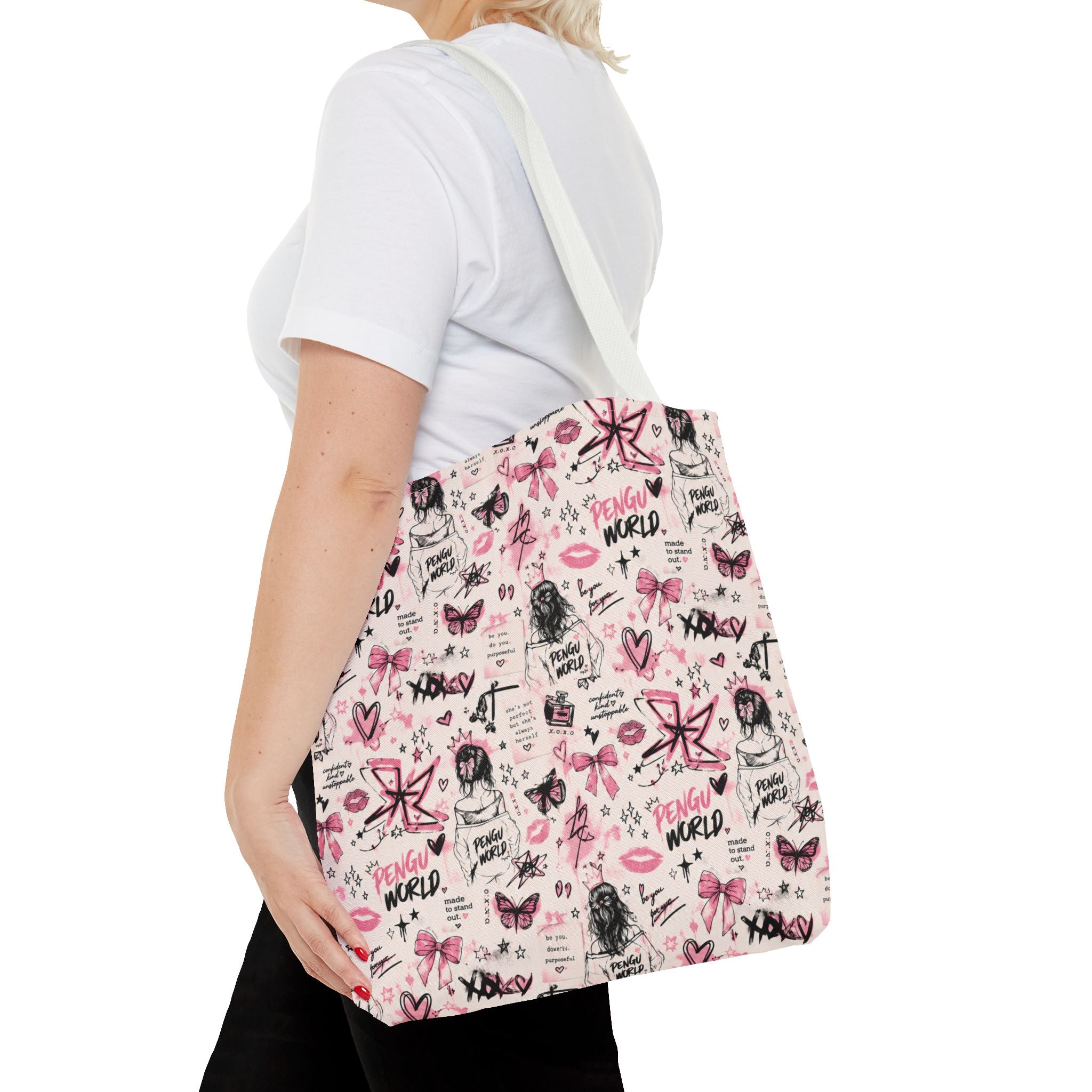 PENGU Pink Tote Bag — Feminine Doodle Print All-Over-Print Tote
