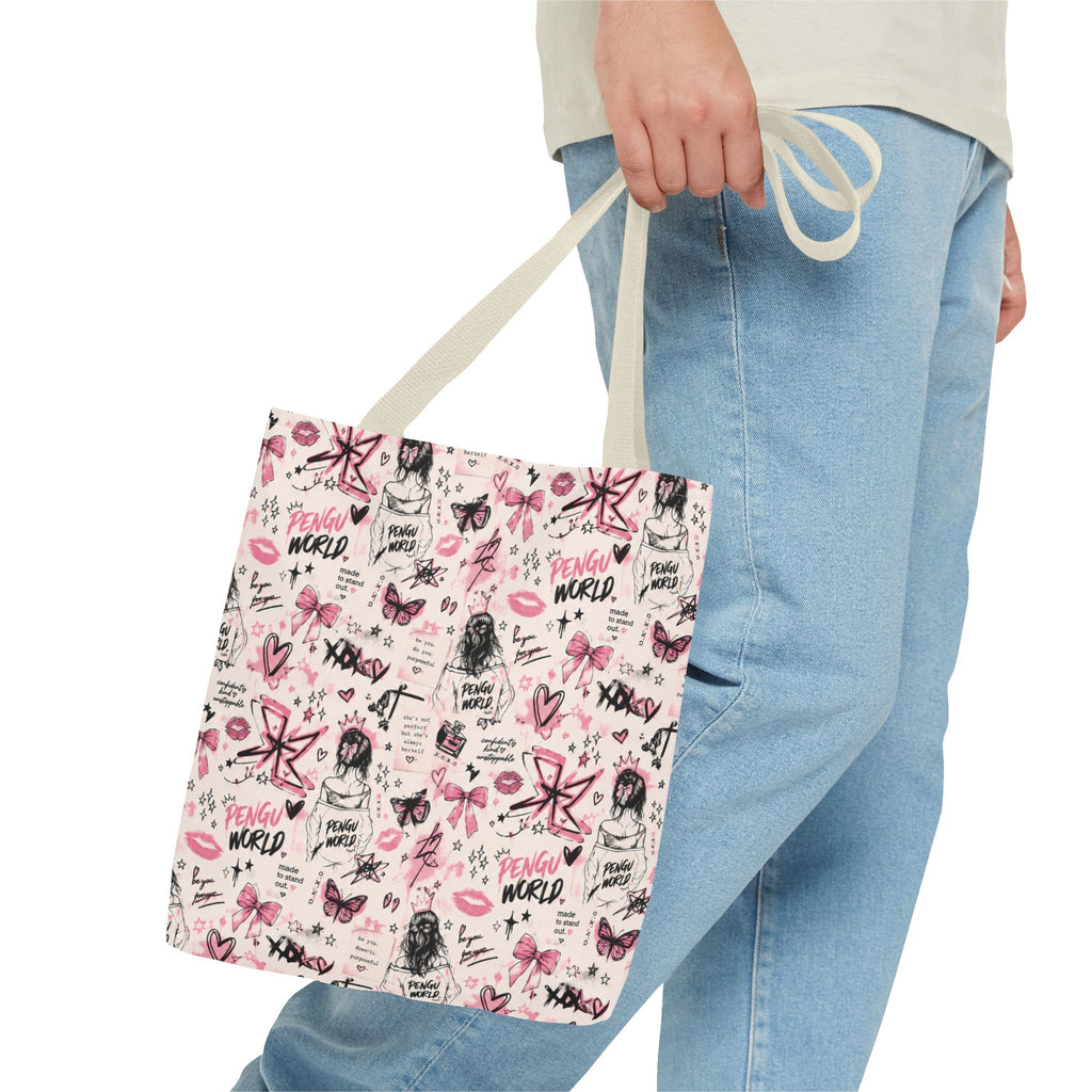 PENGU Pink Tote Bag — Feminine Doodle Print All-Over-Print Tote