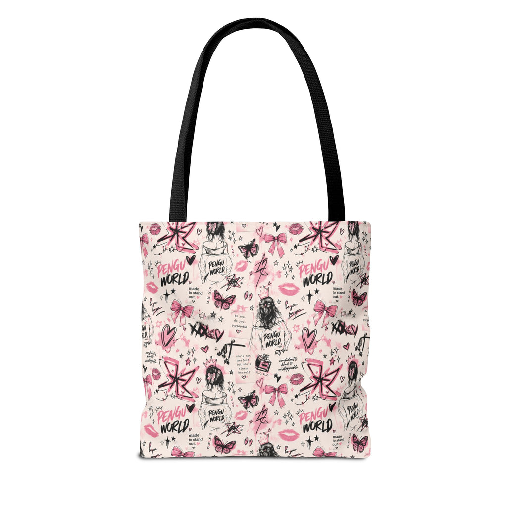 PENGU Pink Tote Bag — Feminine Doodle Print All-Over-Print Tote