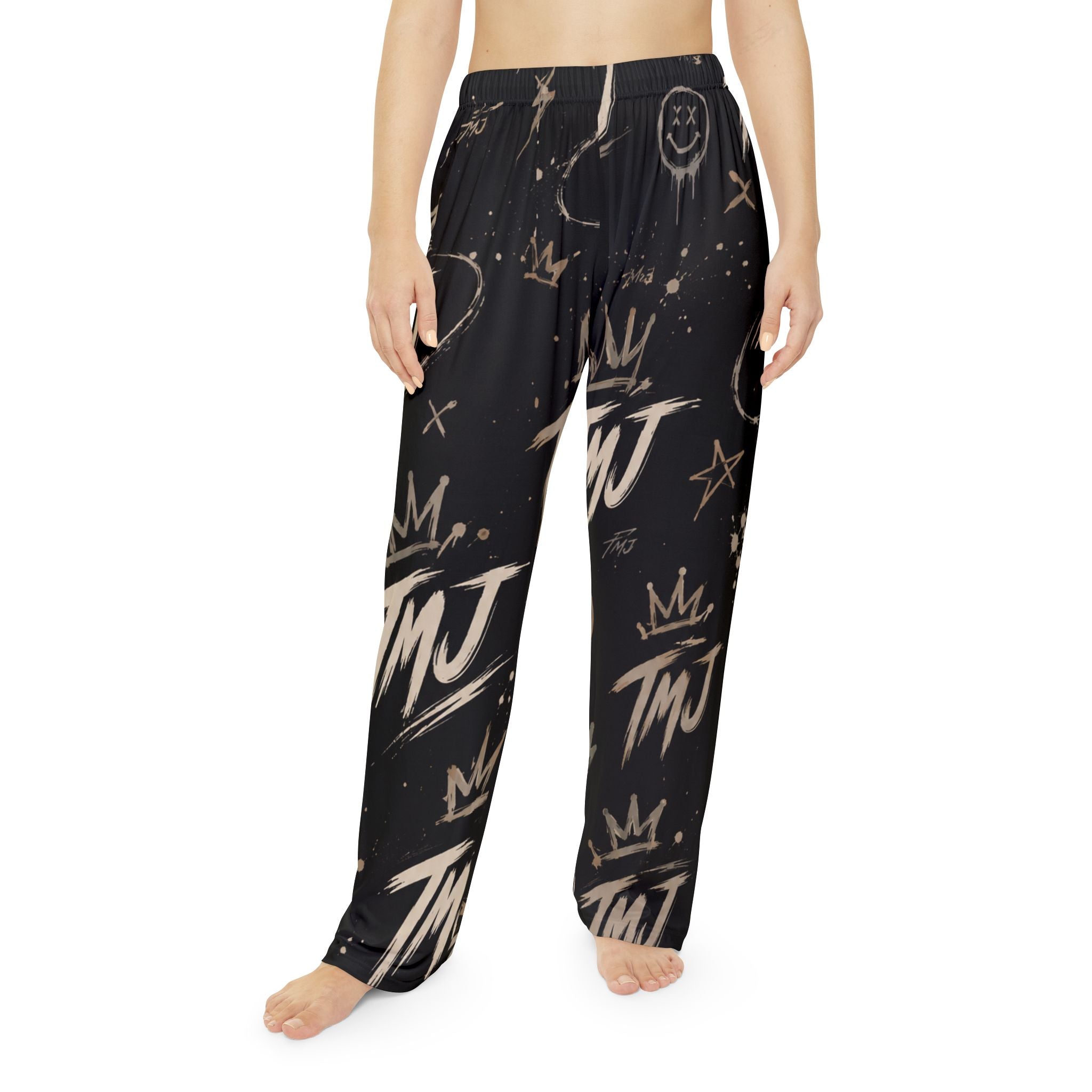PENGU TMJ Pajama Pants — Women's Relaxed Sleepwear with Crown & Graffiti Print