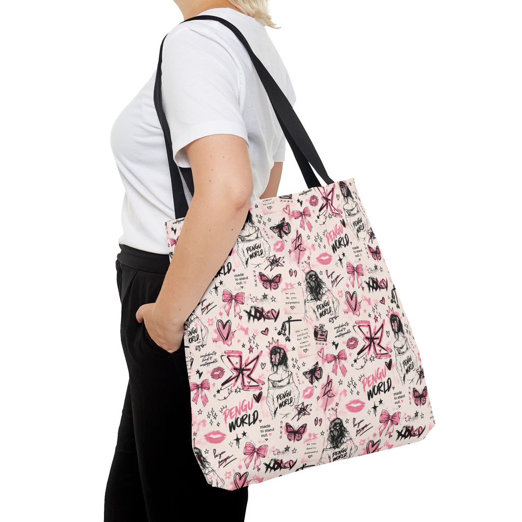 PENGU Pink Tote Bag — Feminine Doodle Print All-Over-Print Tote