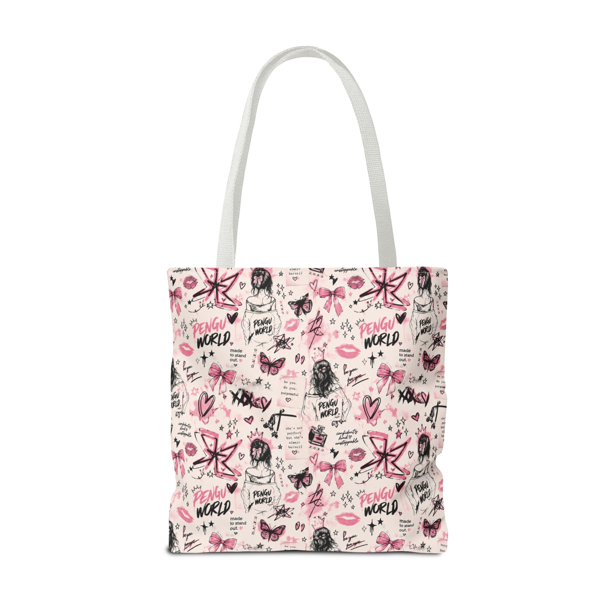 PENGU Pink Tote Bag — Feminine Doodle Print All-Over-Print Tote